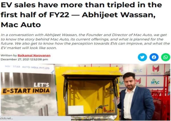 EV sales have more than tripled in the first half of FY22 — Abhijeet Wassan, MACK EV